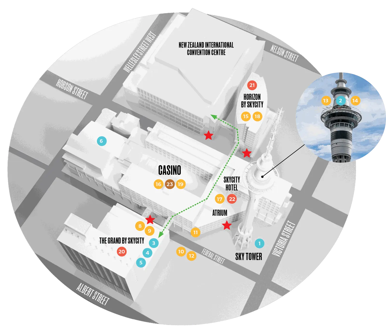 SkyCity Auckland precinct map showing the NZICC, casino, hotels, restaurants and attractions, numbered to match the key below