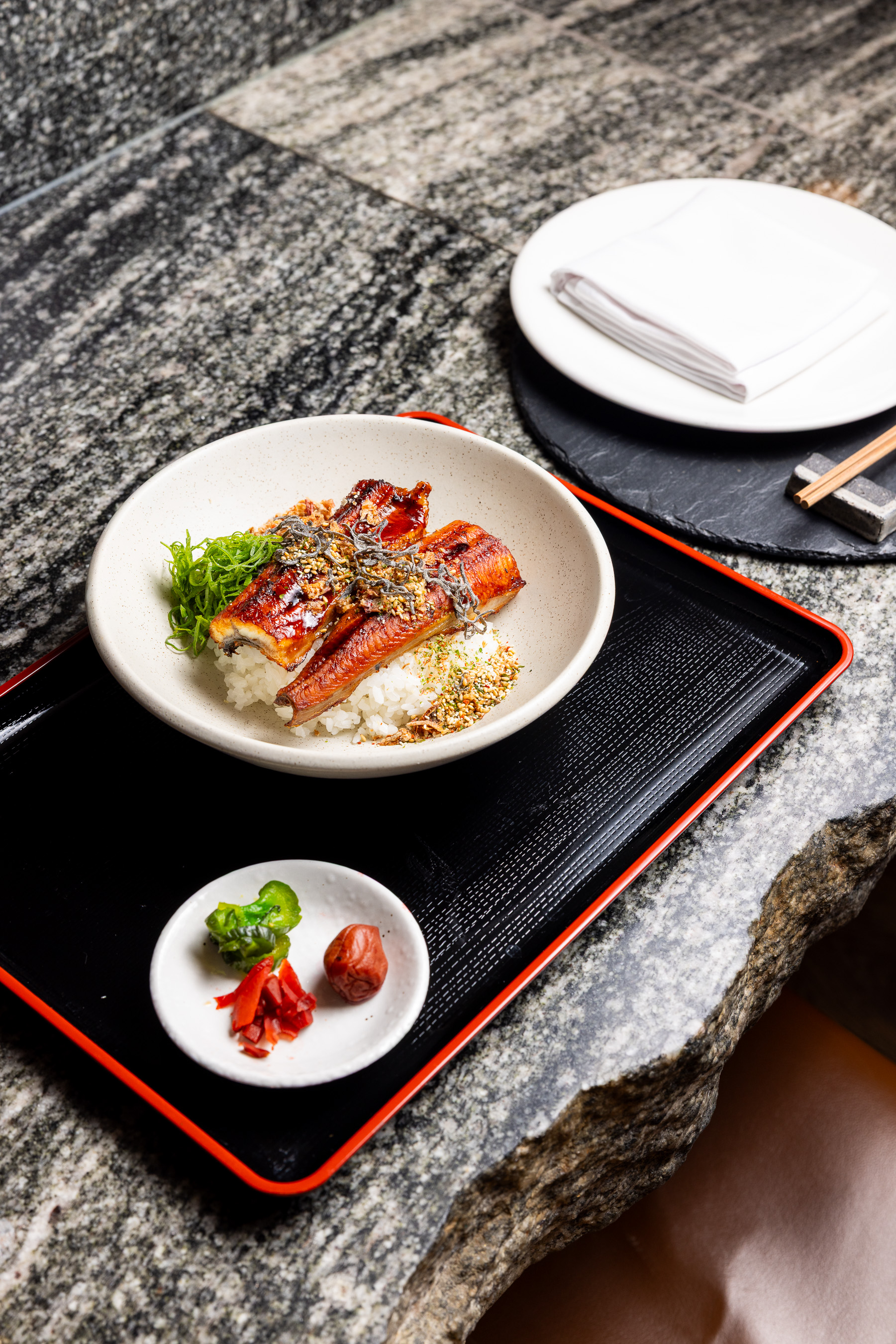 Japanese grilled eel ocha zuke rice with sesame and pickles on a red-rimmed lacquer tray