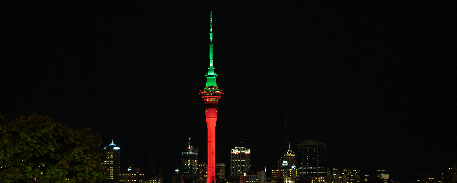 The Sky Tower lit up for Christmas over the Auckland skyline
