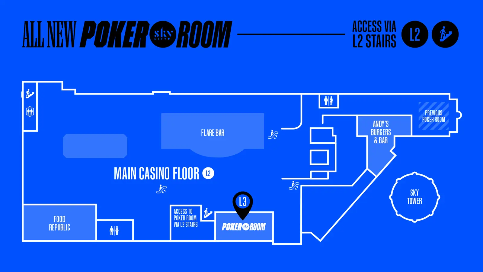 Poker Room location map — access via the L2 stairs, past Flare Bar on the main casino floor.
