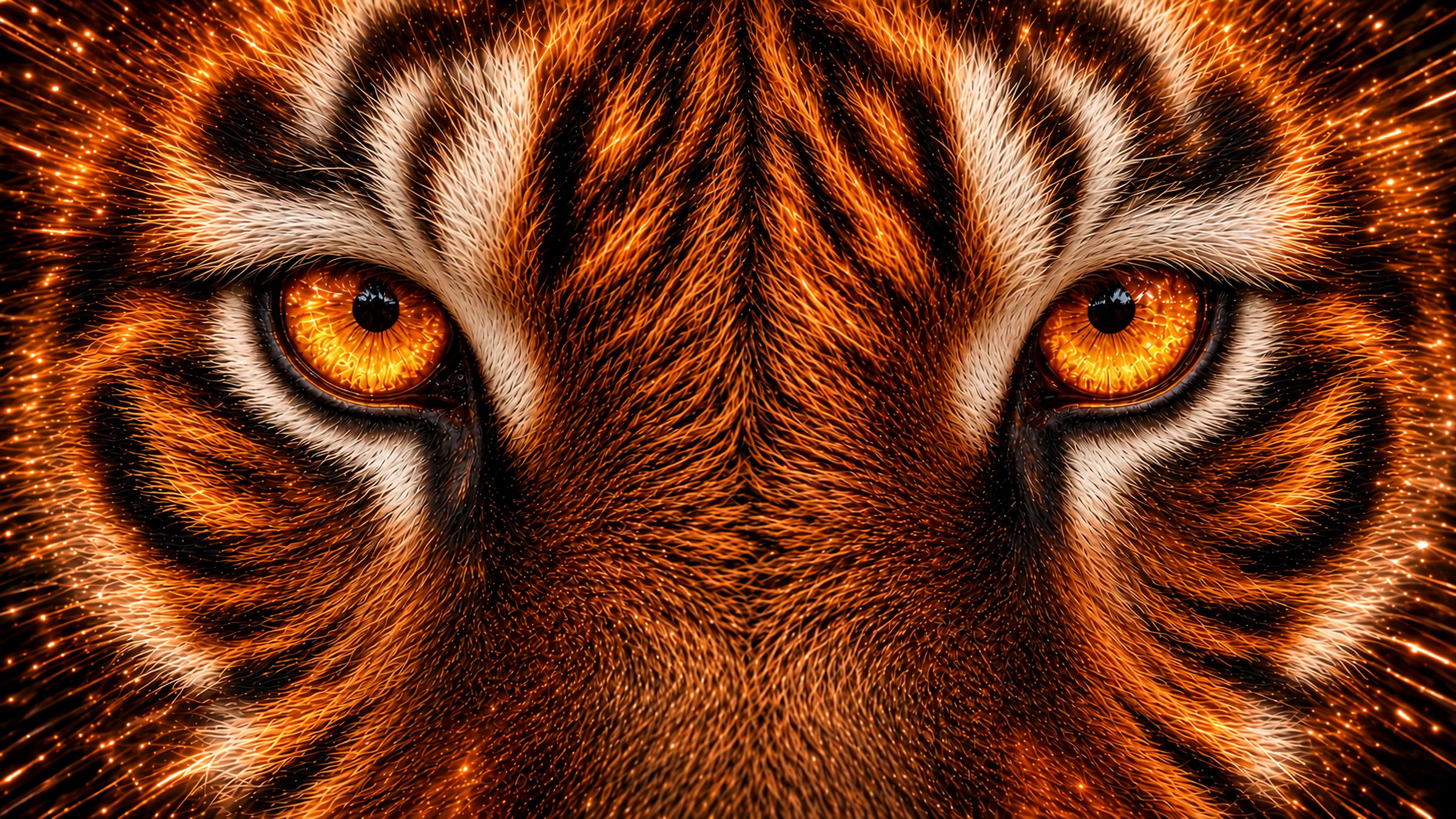 A close-up of a tiger's face with glowing amber eyes